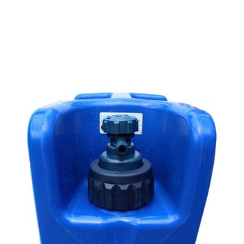 Close up of the tap on a blue jerrycan