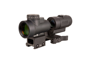 Trijicon MRO 1x25 mm – 68 MOA Adjustable 68 MOA with a 2.0 MOA Dot on a Full Co-Witness Mount; 3x Magnifier with Quick Release Flip-to-Side Mount LED