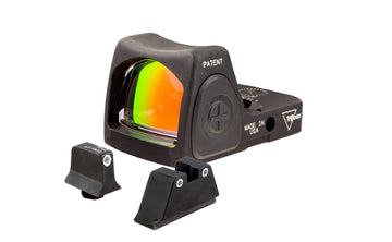 Trijicon RMR RM07 – 6.5 MOA RMR® Type 2 Sight Adjustable LED 6.5 MOA Red Dot with Suppressor/Optic Height Sight Set — White Front/White Rear with Green Lamps — for Glock® Models 17 LED